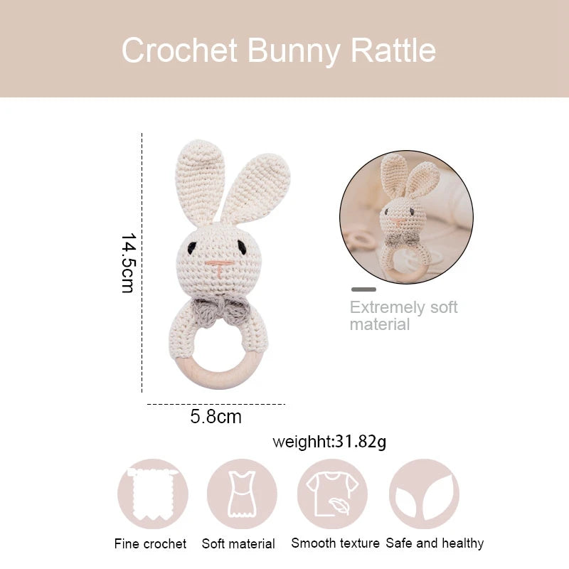 1pc Baby Music Teether Rattle Toy for Child Wooden Toys Cartoon Bunny Crochet Rattle Soother Bracelet Teether Set Baby Products