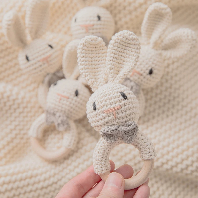 1pc Baby Music Teether Rattle Toy for Child Wooden Toys Cartoon Bunny Crochet Rattle Soother Bracelet Teether Set Baby Products