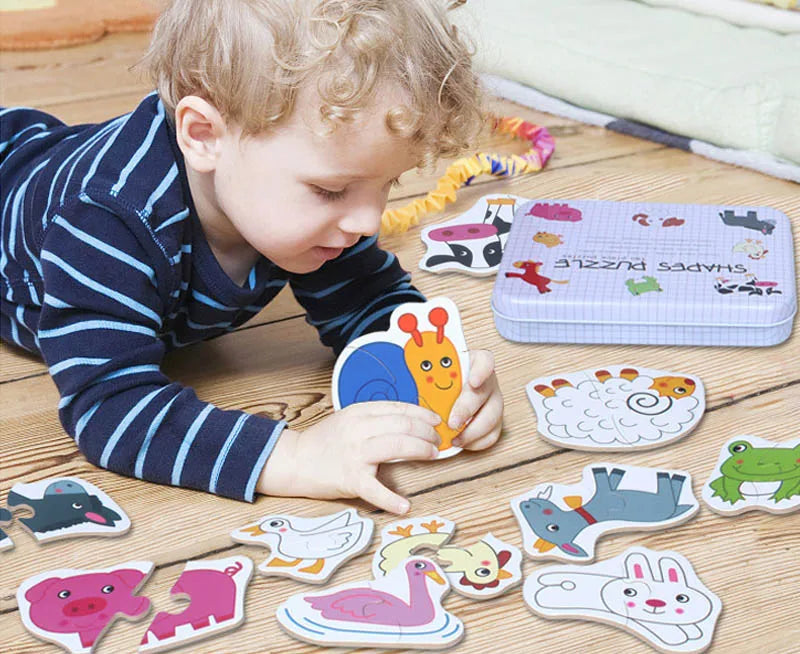 Big Size Flake Baby Wooden Puzzle Early Education Animal Fruit Cognition Pair Card Puzzle Set With Metal Box for Kids Gift