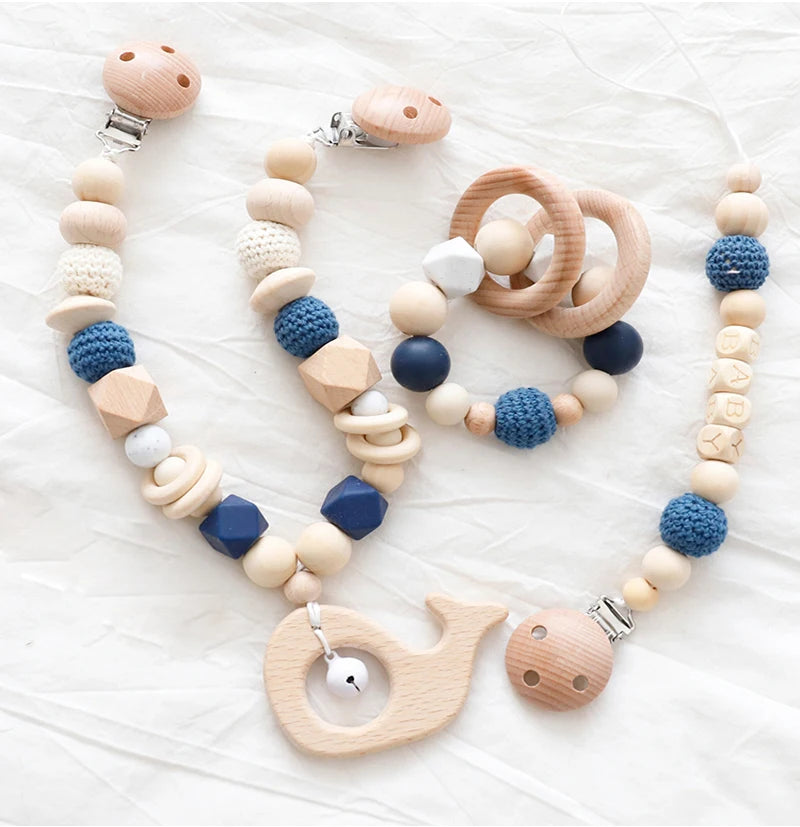 Baby Toys Silicone Beads Teethers Wooden Rings Handmade Bracelet Pacifier Chain Clips Teething Pram Stroller Bell Baby Products