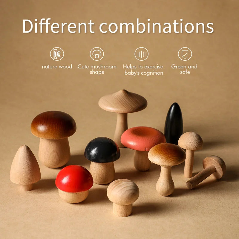 11PCS Wooden Mushroom Building Block Montessori Wooden Block Baby Grasp DIY Creative Toy Room Decoration