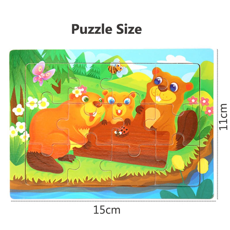 15*11cm 12pcs Wood Puzzle Kids Educational Toys Cartoon Animal/Traffic 3dD Wooden Puzzle Jigsaw Toys For Children Gifts