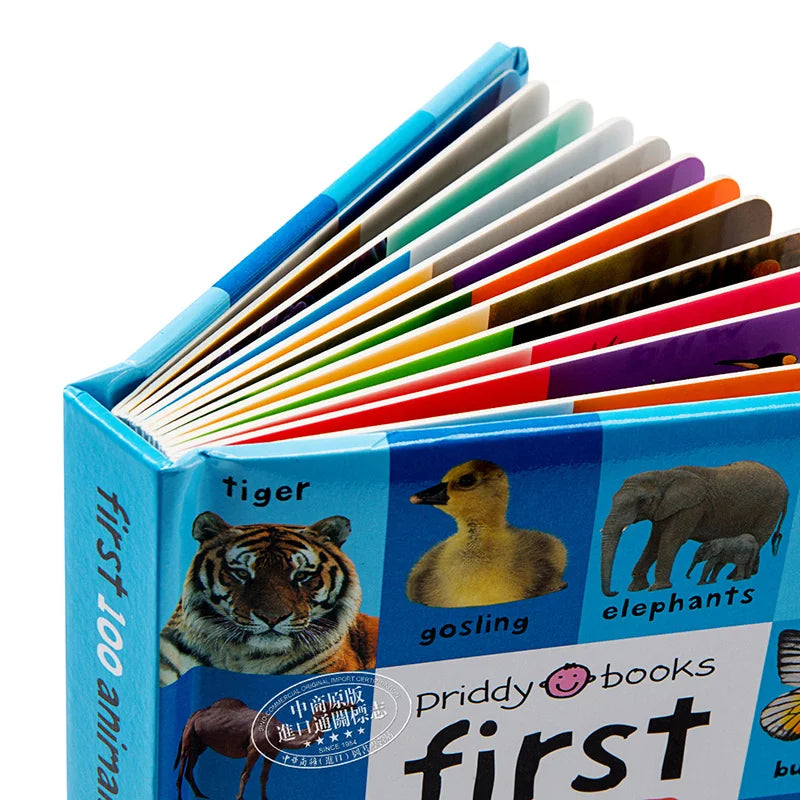 First 100 Animals Words Book for Kids Early Education Hardcover Board Book Baby Learning English Picture Books Montessori Toys