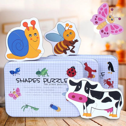 Big Size Flake Baby Wooden Puzzle Early Education Animal Fruit Cognition Pair Card Puzzle Set With Metal Box for Kids Gift