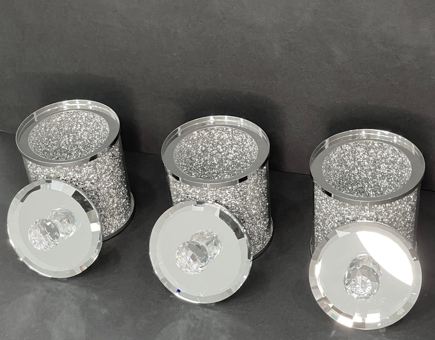 Exquisite Three Glass Canister Set, Silver Crushed Diamond Glass