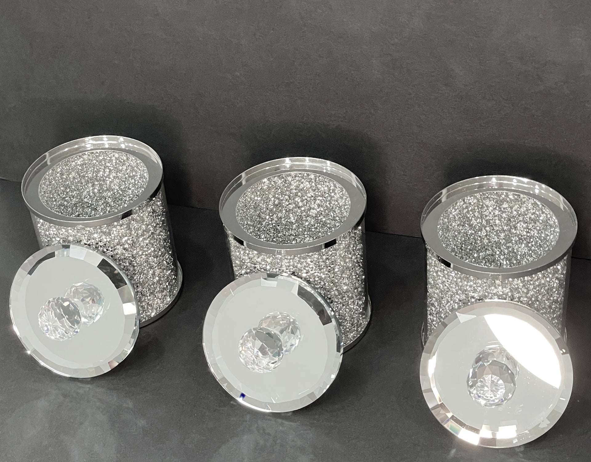 Exquisite Three Glass Canister Set, Silver Crushed Diamond Glass