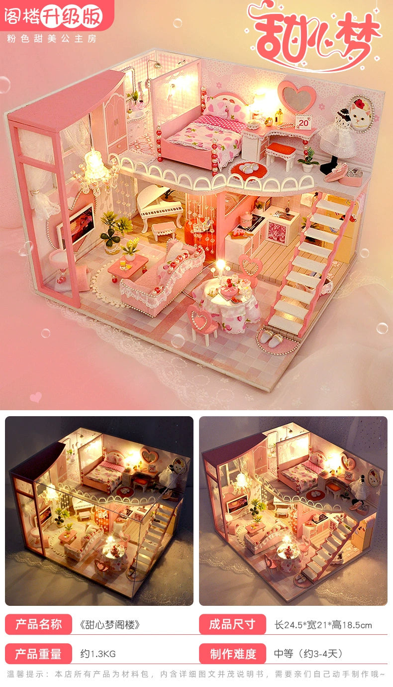 Qiaozhijiang DIY Handmade Cottage Attic House Assemble Princess Small House Miniature Model Toy Birthday Gift