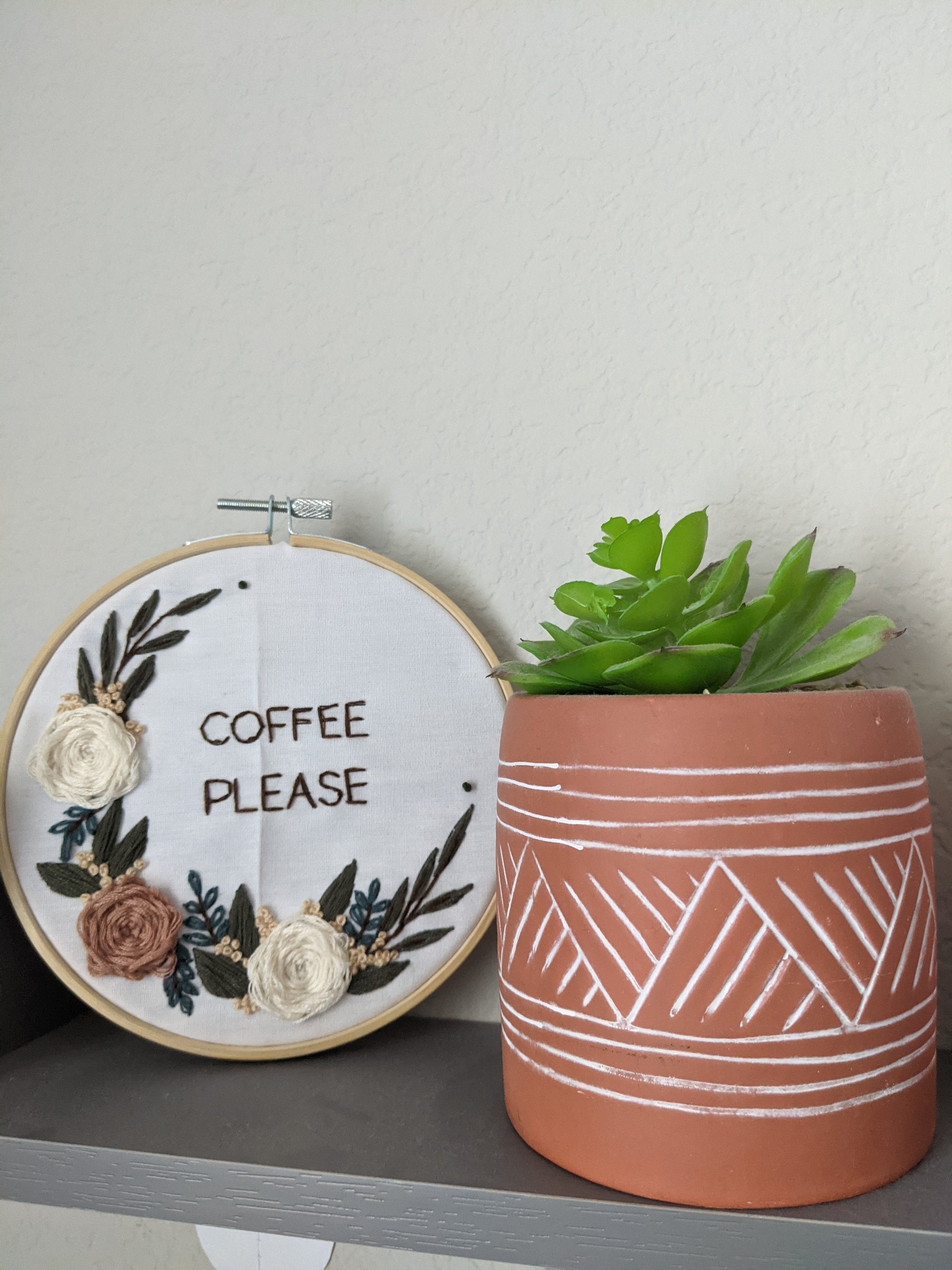 Handmade coffee pleaae hand stitched hoop