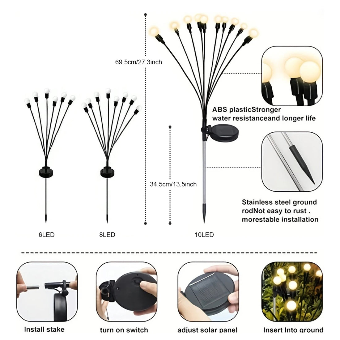 1/2 pc 6/8/10 LED Warm White/Colourful Lights Solar Lawn Lamp Garden Lamp Firefly Ground Plug Lamp Decoration Festival Lamp
