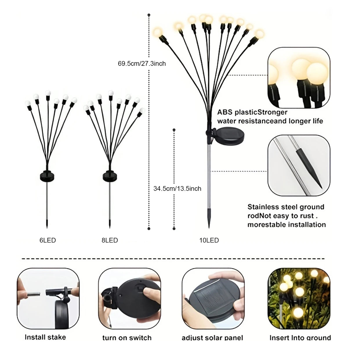1/2 pc 6/8/10 LED Warm White/Colourful Lights Solar Lawn Lamp Garden Lamp Firefly Ground Plug Lamp Decoration Festival Lamp
