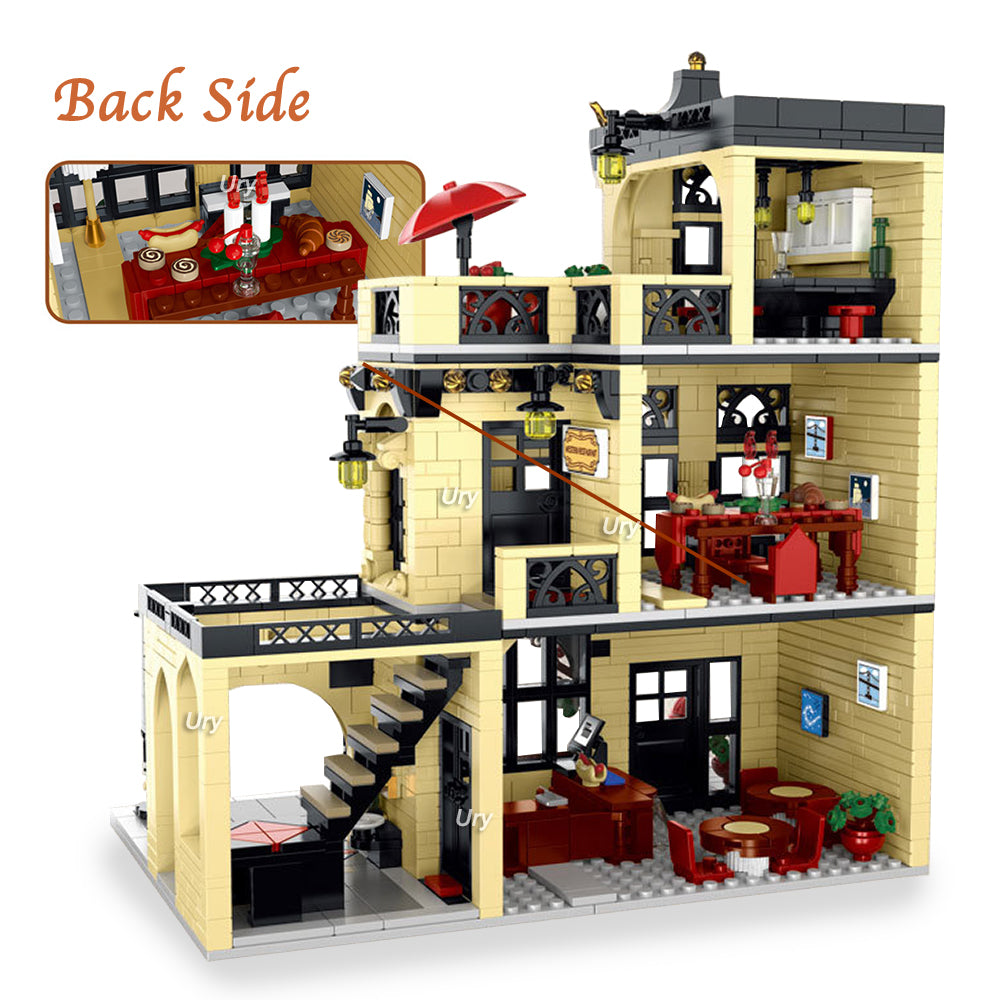 City Street View Modular Coffee Restaurant Retro Flower House with LED Light MOC Architecture Building Block Sets Toys for Kids