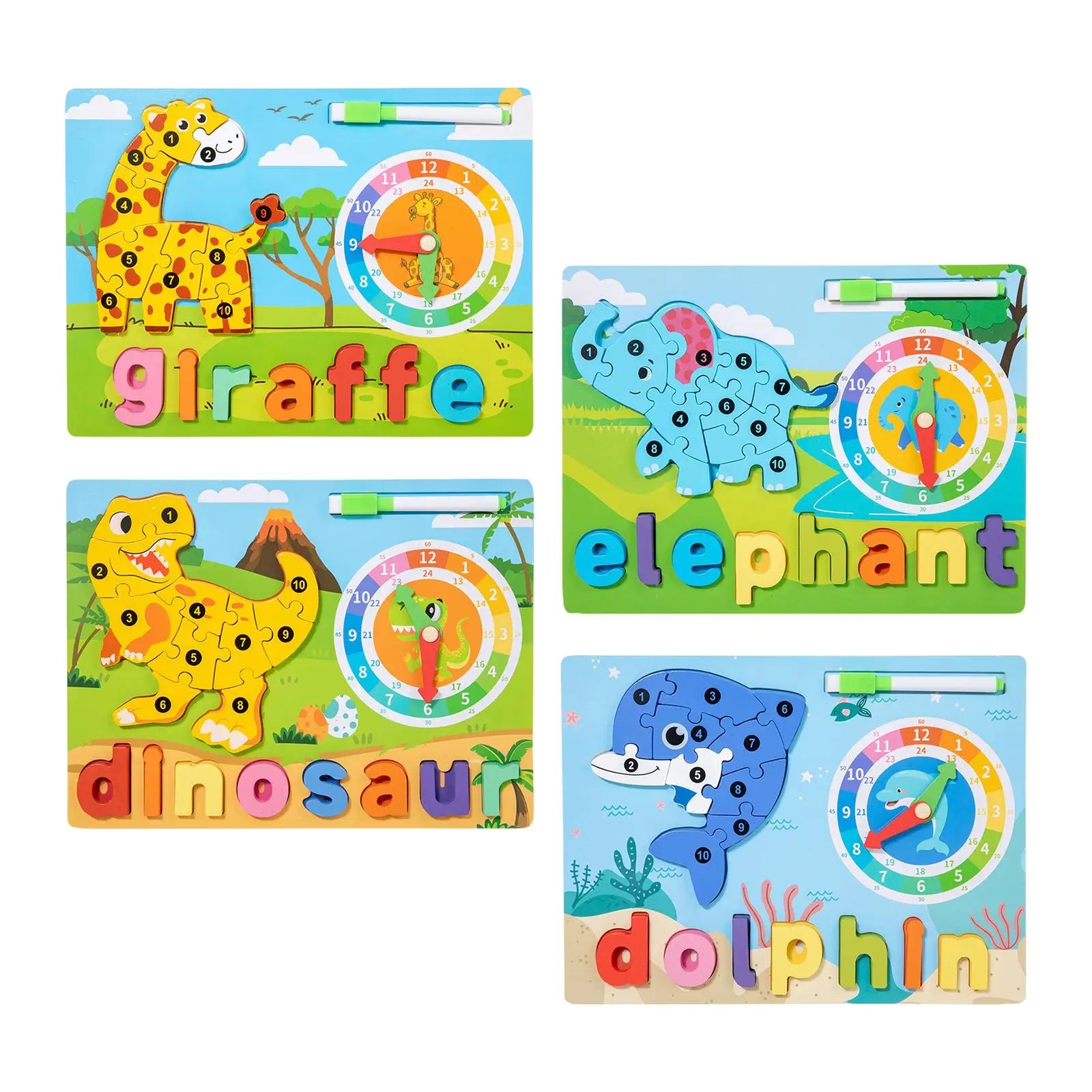 Alphabet Puzzle Blocks Toys Early Learning with Clock Toy Wooden Animal Puzzle Montessori Toy for Children Gift Boys Girls Kids