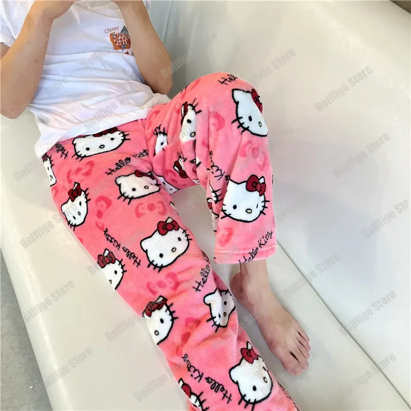 Sanrio Christmas Hello Kitty Pajamas Halloween Flannel Fashion Trouserswomen Kawaii Woolen Anime Cartoon Casual Home Pant Autumn