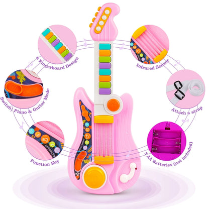 2 In 1 Electric Kids Guitar Toy Foldable Toy Guitar Piano Beginners Musical Instruments Early Education Best Gift for Boys Girls