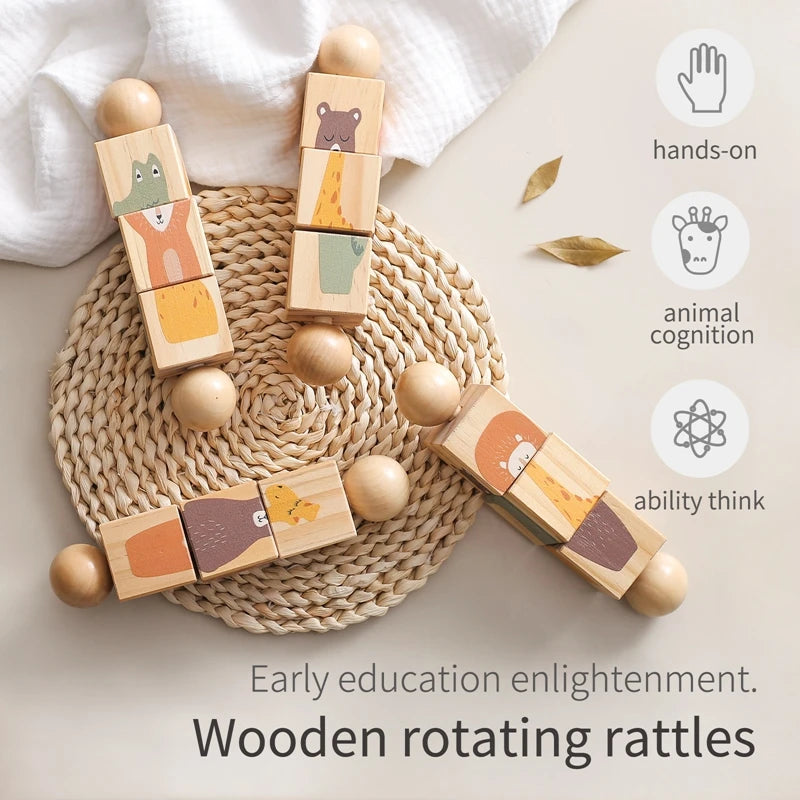 Baby Wooden Montessori Toys Cartoon Animal Crocodile Bear Rotate Blocks Rattle Puzzle Game Baby Food Grade Wooden Teether Toys