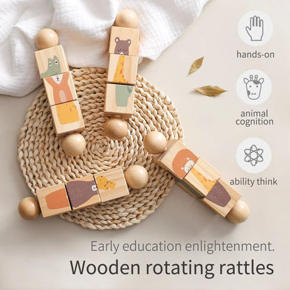 Baby Wooden Montessori Toys Cartoon Animal Crocodile Bear Rotate Blocks Rattle Puzzle Game Baby Food Grade Wooden Teether Toys