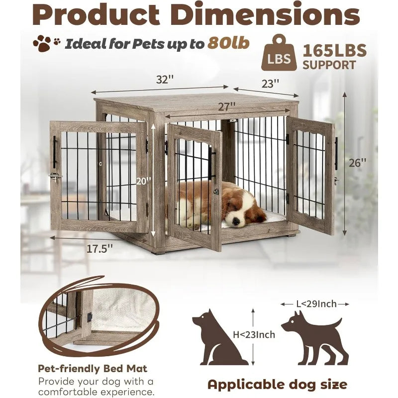 Dog Crate Furniture with Bed Pad, 32 inch Medium Wooden Dog Kennel Furniture, End Table Dog Cage with 3 Doors, Greige