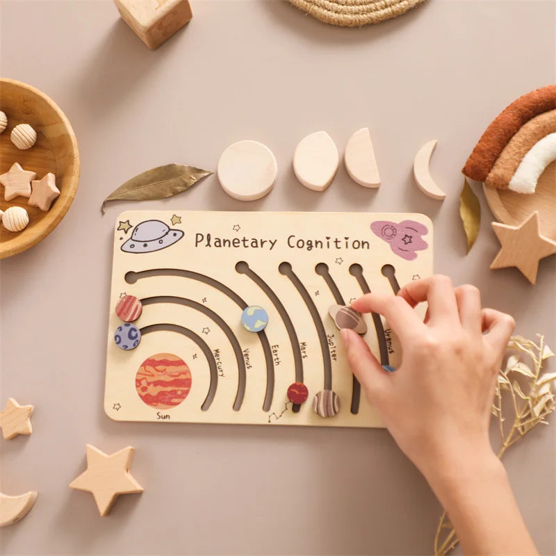 Wooden Puzzle Toys Movable Orbital Solar System Model Science Toys Set Montessori Planets Science Educational Puzzle Toys Gifts