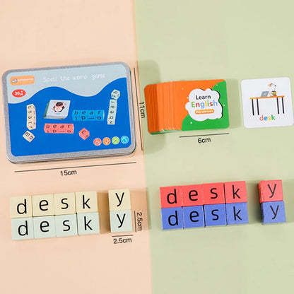 Montessori Wooden Word Spelling Game Learning Toy Alphabet Block with 54 Cards Parent-child Interactive Puzzles Toys Kids Gifts