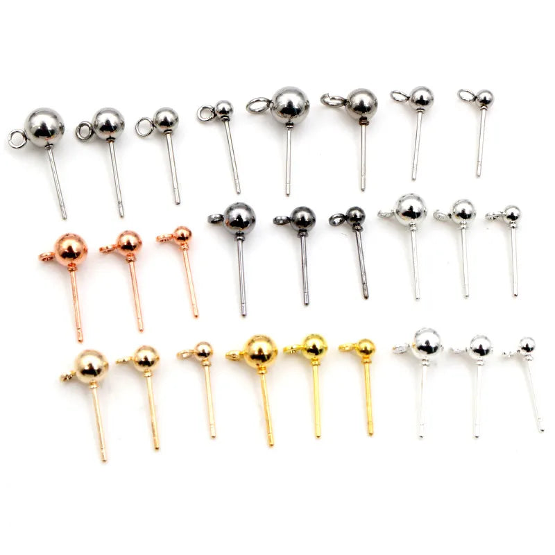 30-50pcs 3/4/5/6mm Gold Silver Plated Ball Stud Earring Pins with Loop Connector For DIY Earrings Jewelry Making Accessories