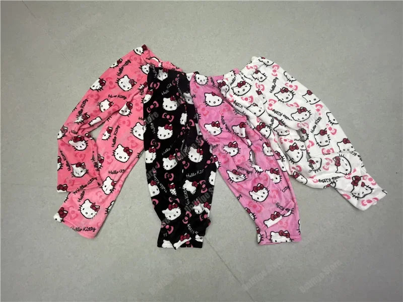 Sanrio Christmas Hello Kitty Pajamas Halloween Flannel Fashion Trouserswomen Kawaii Woolen Anime Cartoon Casual Home Pant Autumn