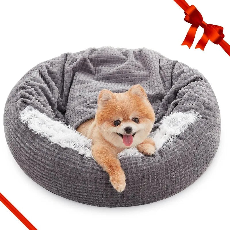 Small Dog Bed with Blanket Attached, Round Calming Hooded Cozy Cave Dog Beds for Small Dogs, Soft Plush Cuddler Puppy Pet Bed