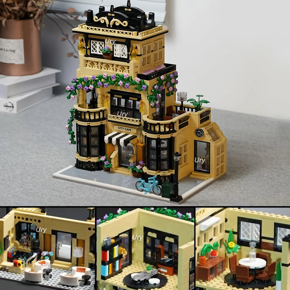 City Street View Modular Coffee Restaurant Retro Flower House with LED Light MOC Architecture Building Block Sets Toys for Kids