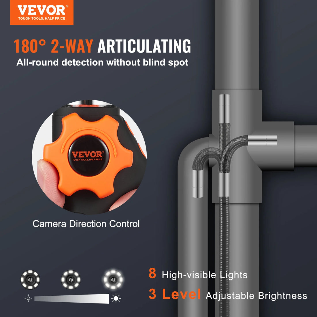 VEVOR Articulating Borescope Camera w/Light, Two-Way Articulated Endoscope Inspection Camera w/6.4mm Tiny Lens, 5&quot; IPS 1080P HD