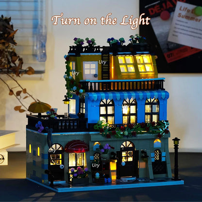 City Street View Modular Coffee Restaurant Retro Flower House with LED Light MOC Architecture Building Block Sets Toys for Kids