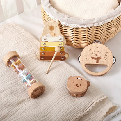 Baby Wooden Musical Instruments Montessori Toys Kids Bear Percussion Xylophone Rain Sound Pipe Music Shaker Early Education Toys