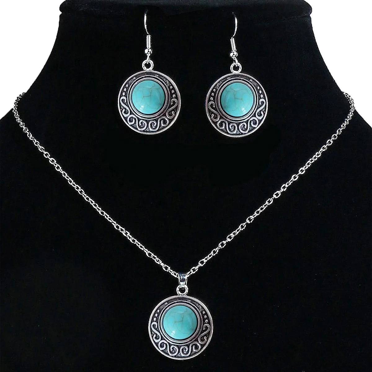 Retro Antique Turquoise Pendant Necklace &amp; Earrings Set