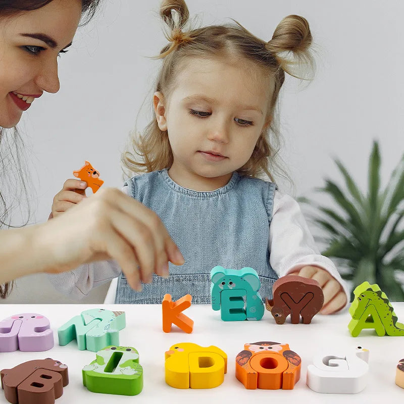 Wooden Alphabet Creative Puzzle Toy Abc Building Blocks Alphabet Cognitive Spelling Jigsaw Animal Puzzle Cute Gift for Kids