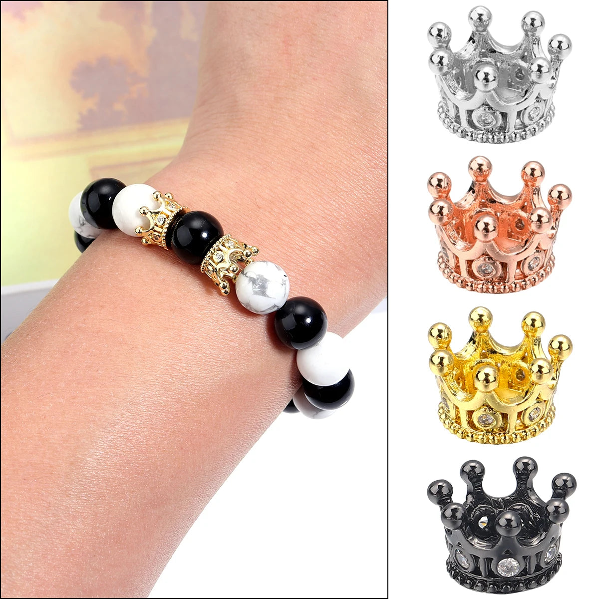 2pcs/lot Copper Inlaid Zircon Crown Beads Gunblack/Rose Gold/Rhodium Spacers Beads For DIY Jewelry Bracelet Pendant Accessories