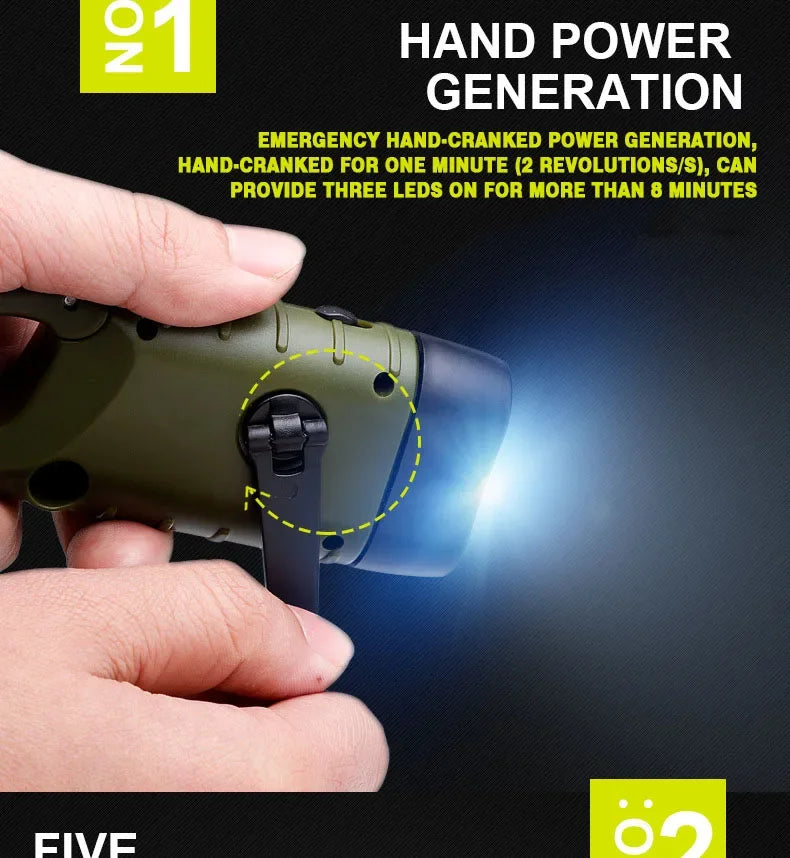 LED Flashlight Hand Crank Solar Powered Rechargeable Survival Gear Self Powered Charging Torch Dynamo for Fishing Boating Hiking