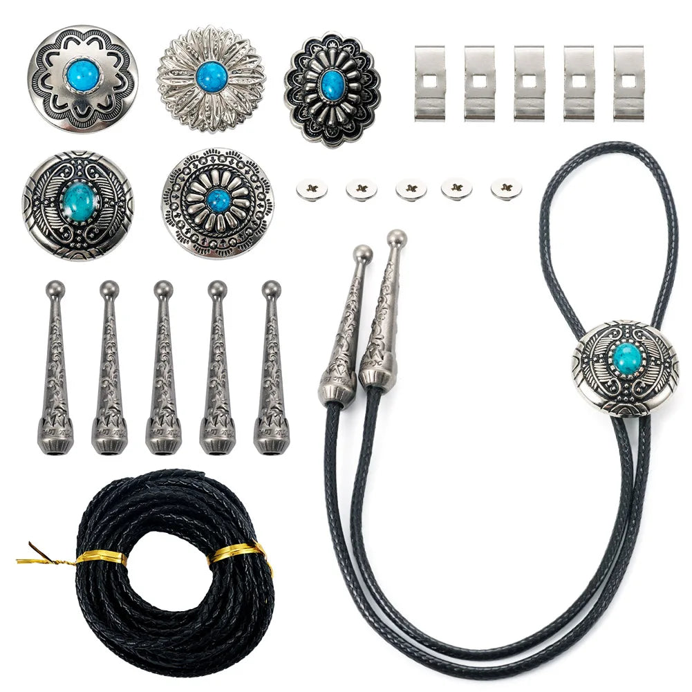 Flower Bolo Tie Braided Cowhide Cords Turquoise Stone Buttons Antique Silver Color Vintage Jewelry DIY Making Accessories Kit