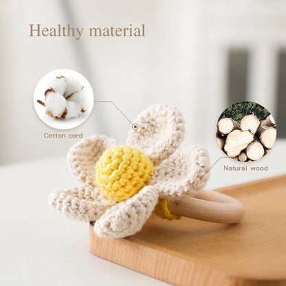 1pc Baby Rattles Crochet Flower Rattle Toy Wood Ring Baby Teether Rodent Infant Gym Mobile Rattles Newborn Educational Toys Gift