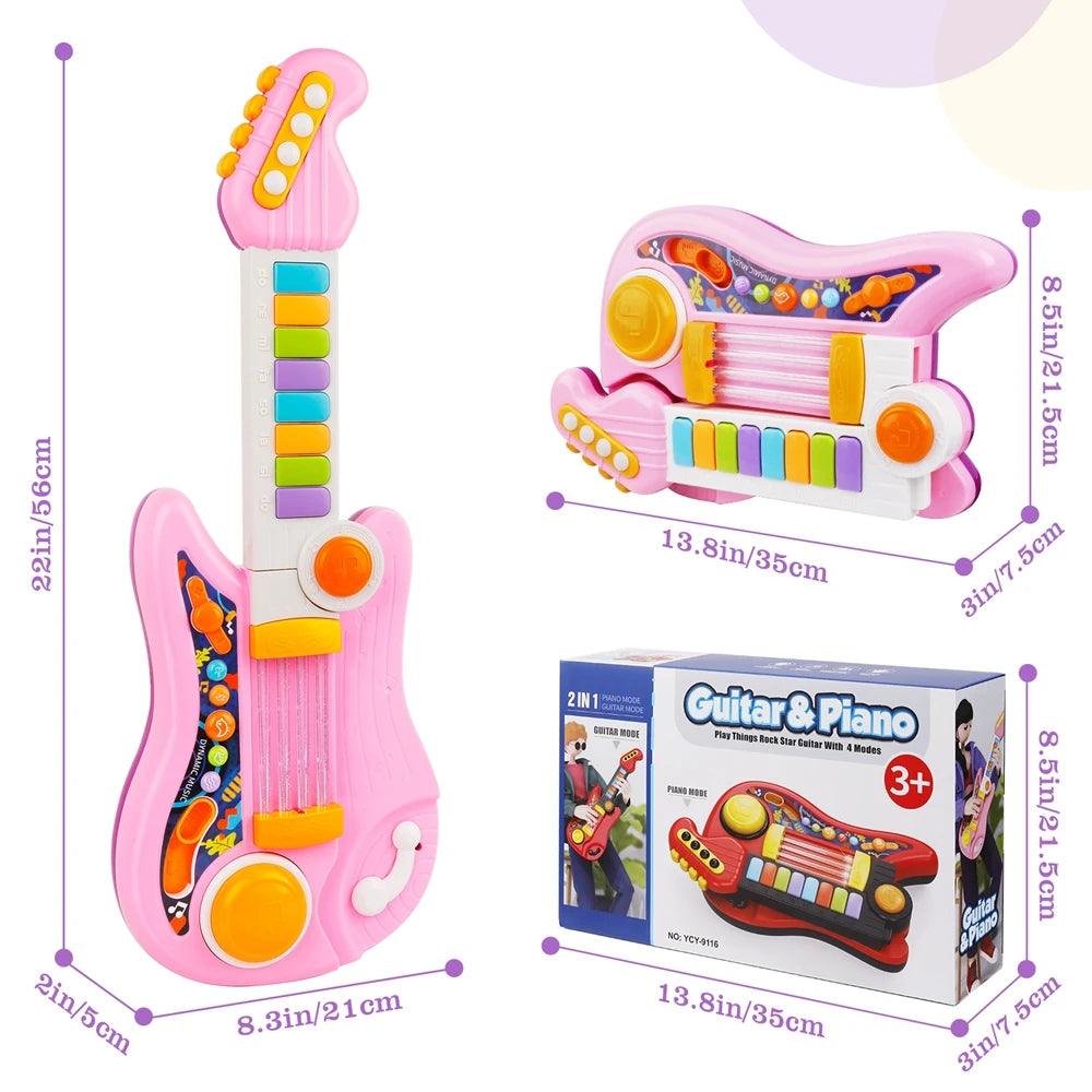 2 In 1 Electric Kids Guitar Toy Foldable Toy Guitar Piano Beginners Musical Instruments Early Education Best Gift for Boys Girls