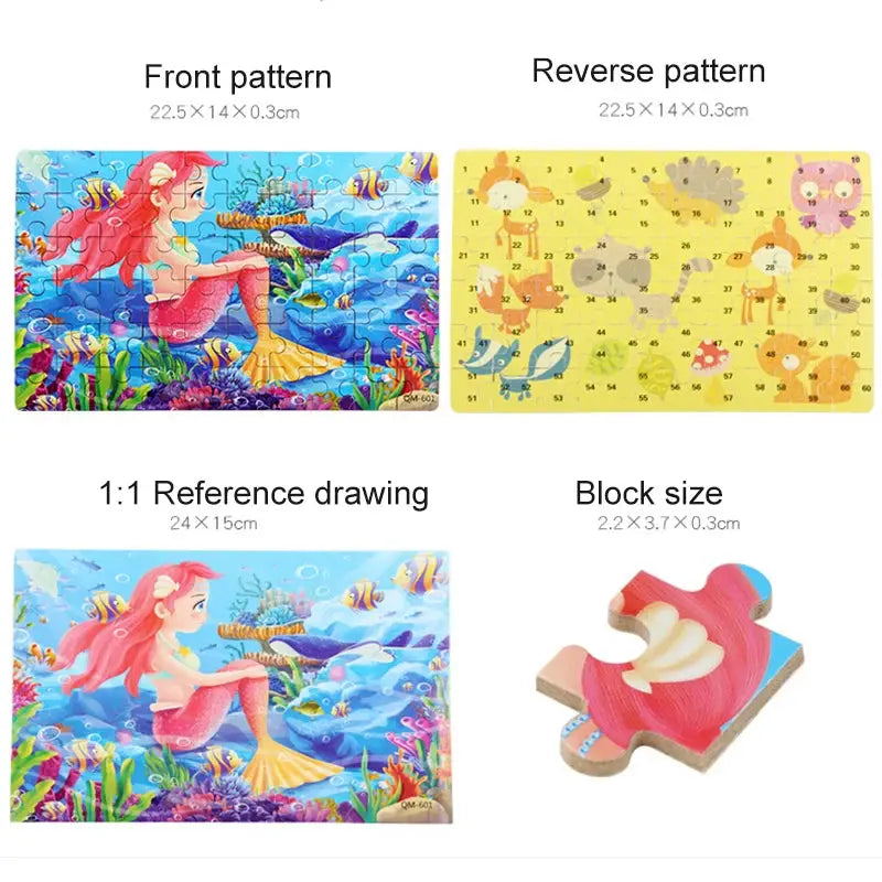 Puzzles for kids wooden Puzzle Toy Cartoon Animals  Mermaid Princess Education Montessori Gift for Children