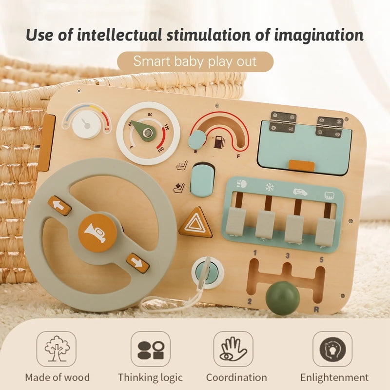 Baby Wooden Montessori Toys Steering Wheel Busy Board Wooden Sensory Toys for Toddlers Preschool Travel Learning Activities