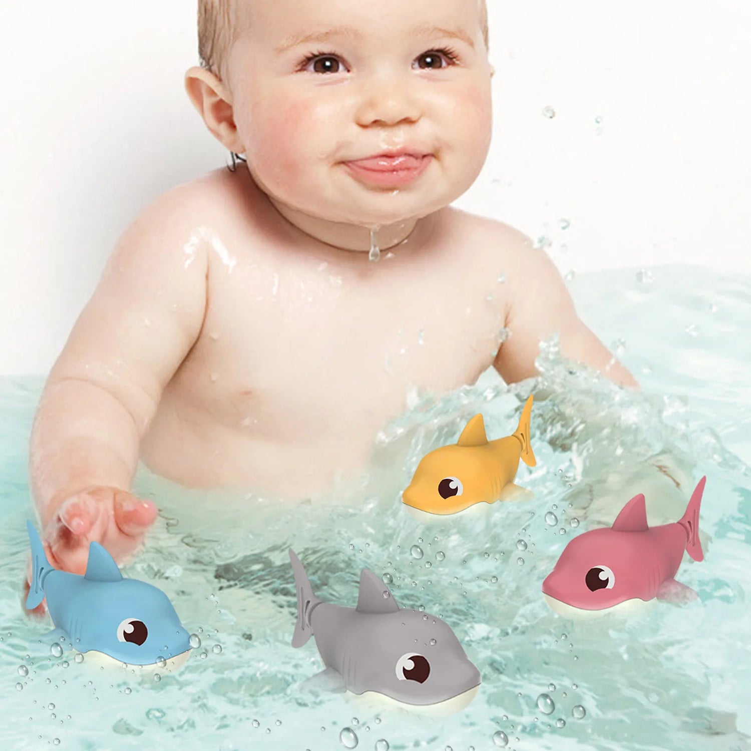 1PCS Toddler Bath Toys Cute Cartoon Swimming Shark Clockwork Wagging Tail Rotating Device Beach Baby Bath Tub Wind Up Toy