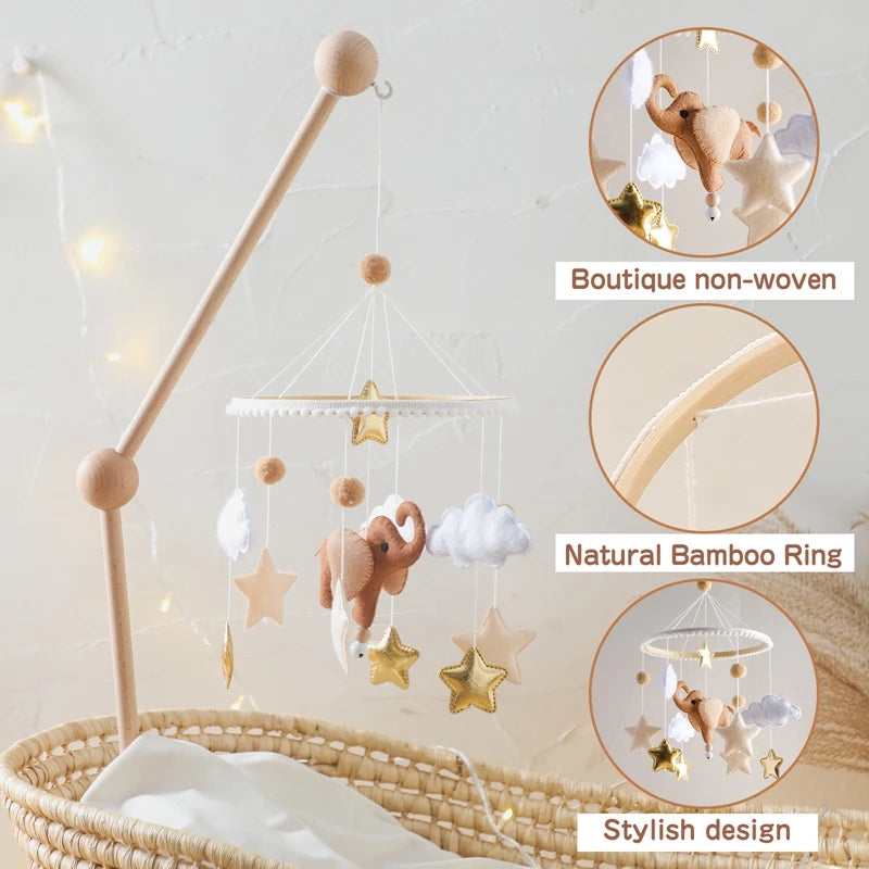 Wooden Baby Rattle Mobile 0-12Month Soft Felt Cartoon Sheep Star Moon Newborn Music Box Hanging Bed Bell Mobile Crib Bracket Toy