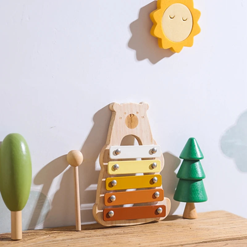 Baby Wooden Musical Instruments Toys Multifunctional Bear Shape Xylophone Octave Playing Musical Percussion Montessori Toys Gift