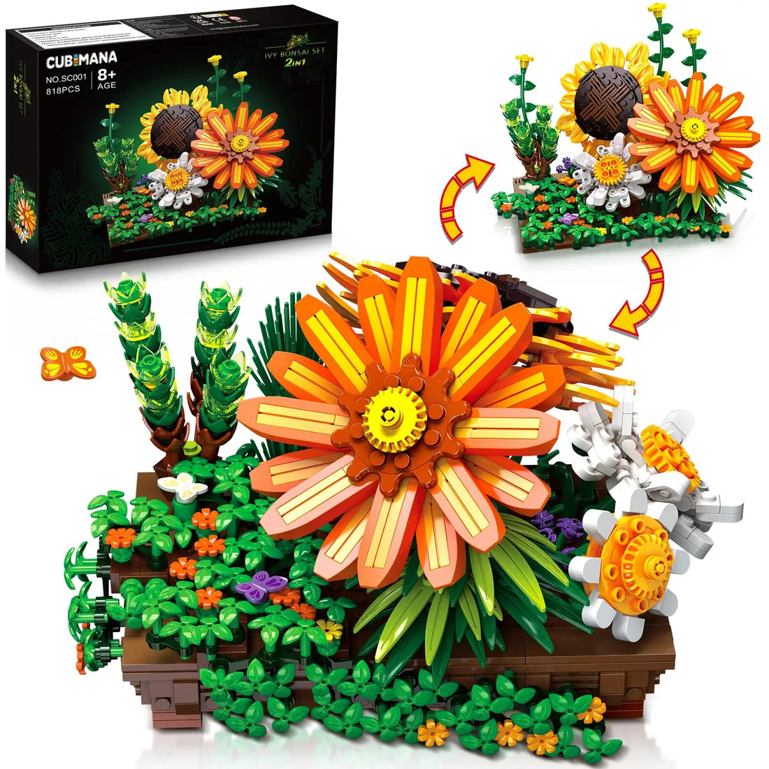 Flower Botanical Bonsai Building Set-2 IN 1 Sunflower Block Toy  Display for Office Décor Valentine&