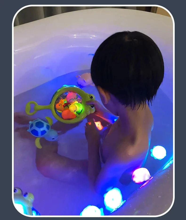 Baby Cute Animals Bath Toy Swimming Water LED Light Up Toys Soft Rubber Float Induction Luminous Frogs for Kids Play Funny Gifts