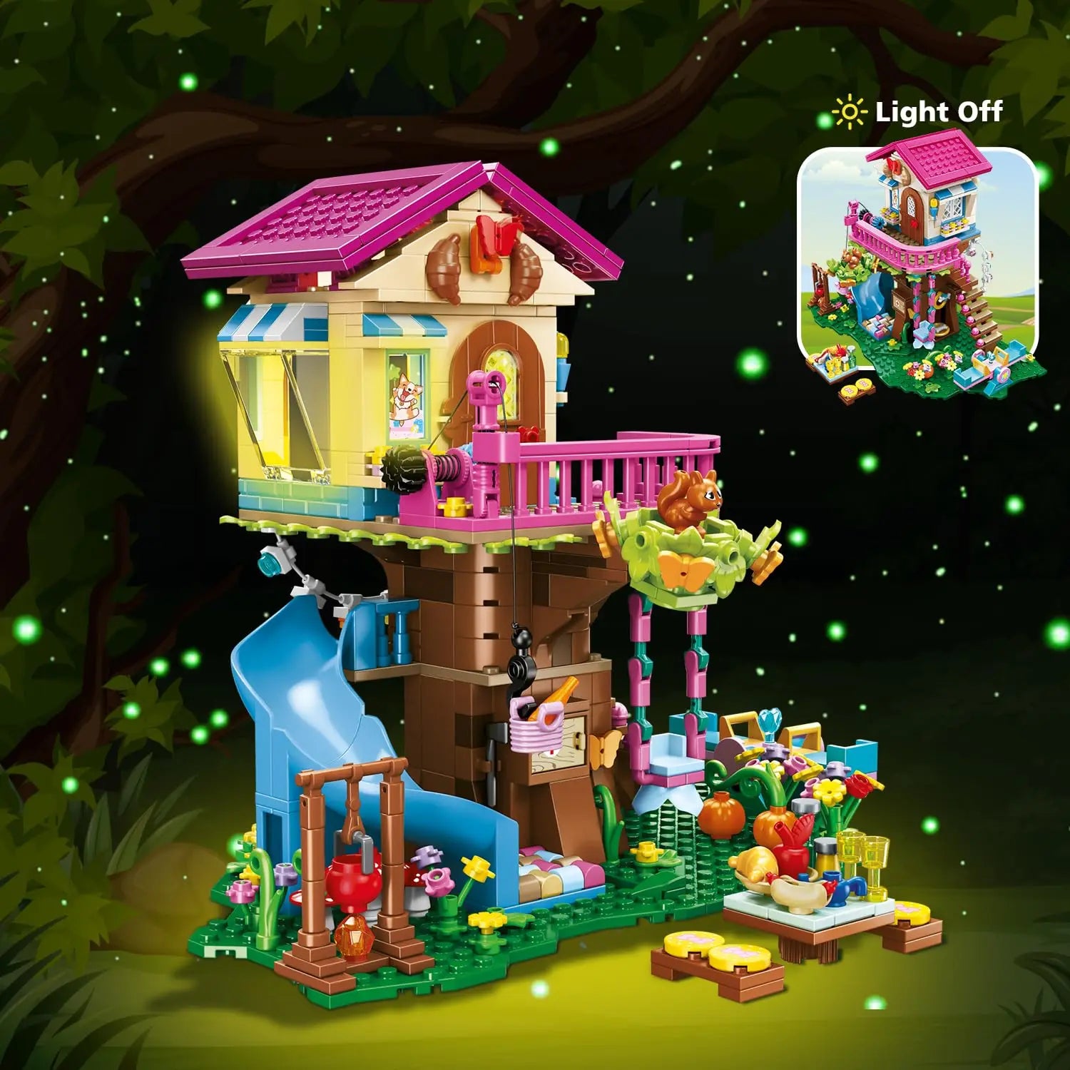 HOGOKIDS Tree House Building Set with LED-Blocks Toy Forest Up House Building Kit with Slide Birthday Gifts for Kids  Age 6+