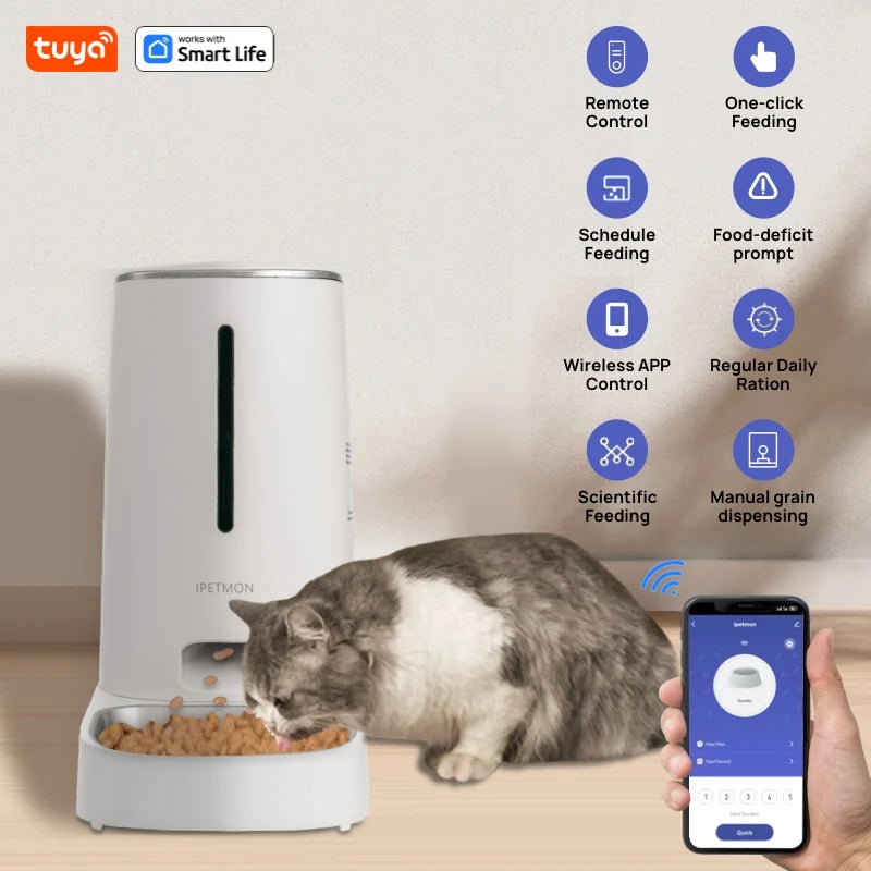 Wi-Fi Enabled 4L Pet Feeder for Cats and Dogs,APP Control,Stainless Steel Bowls,Low Food Alarm,For IPETMON/Tuya /smart lifeAPP