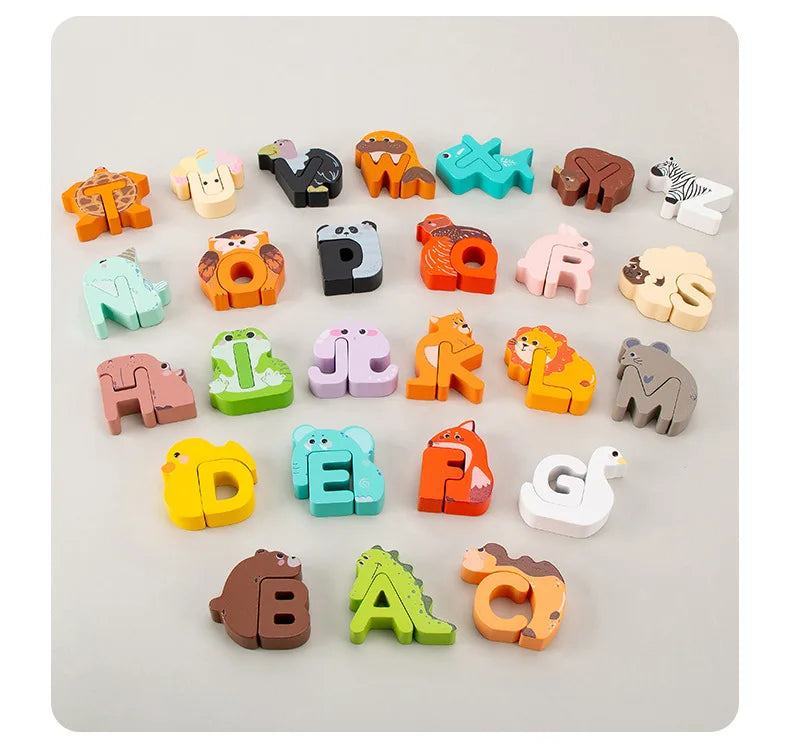 Wooden Alphabet Creative Puzzle Toy Abc Building Blocks Alphabet Cognitive Spelling Jigsaw Animal Puzzle Cute Gift for Kids