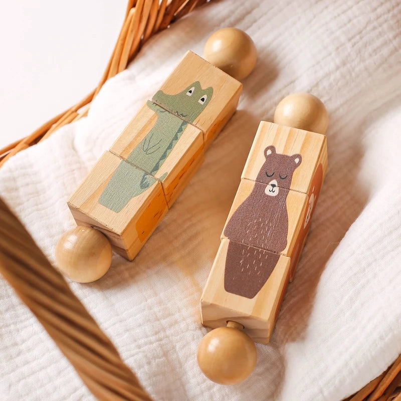 Baby Wooden Montessori Toys Cartoon Animal Crocodile Bear Rotate Blocks Rattle Puzzle Game Baby Food Grade Wooden Teether Toys