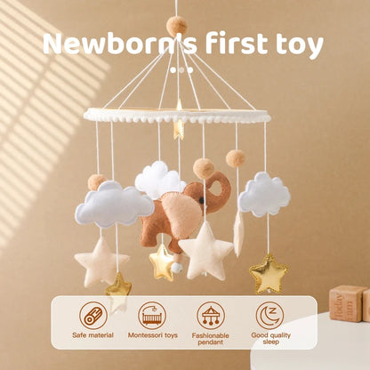 Wooden Baby Rattle Mobile 0-12Month Soft Felt Cartoon Sheep Star Moon Newborn Music Box Hanging Bed Bell Mobile Crib Bracket Toy