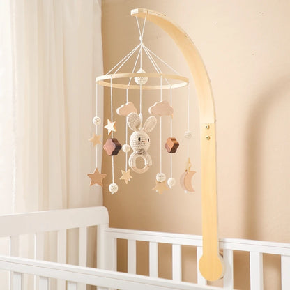 Baby Wooden Bed Bell Cartoon Rabbit Mobile Hanging Rattles Toy Hanger Crib Mobile Bed Bell Wood Toy Holder Arm Bracket Kid Gifts